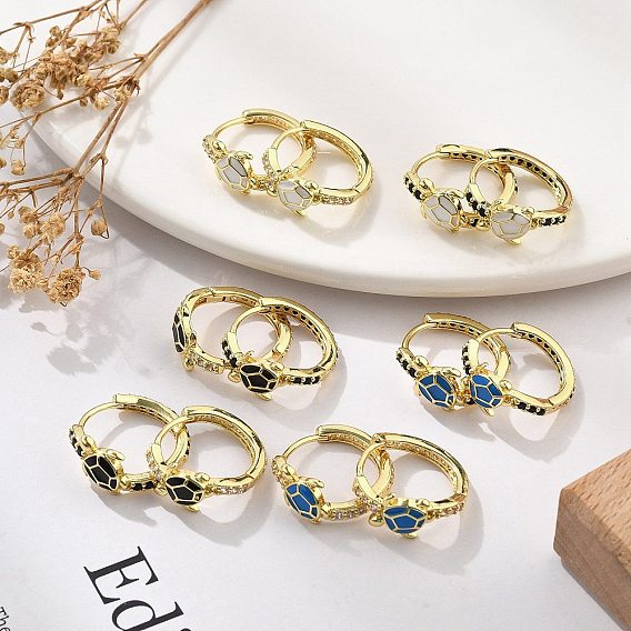 Латунные микро проложить серьги обруча кубического циркония, с эмалью, стойки покрытие, долговечный, без кадмия и без свинца, реальный 18 k позолоченный, черепаха