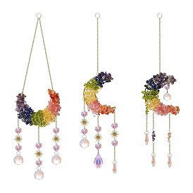 Natural Gemstone Chip & Metal Moon Hanging Ornaments, Glass Tassel Hanging Suncatcher for Home Garden Porch Decoration