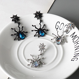 Black Spider Earrings with Gemstones, Gothic Halloween Ear Jewelry.