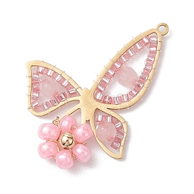 Natural Rose Quartz & Glass Seed Beads Pendants, 201 Stainless Steel Butterfly with Flower Charms