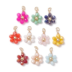 10Pcs 10 Colors Glass Beaded Pendants, with Real 18K Gold Plated Wire Wrapped Findings, Flower Charms