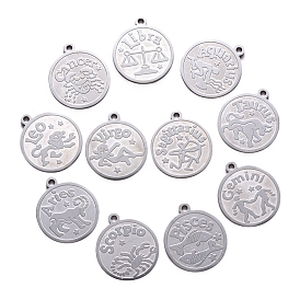 201 Stainless Steel Pendants, Flat Round with Twelve Constellation, Laser Cut