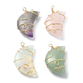 Mixed Gemstone Pendents, Moon Charms, with Real 18K Gold Plated Eco-Friendly Copper Wire Wrapped