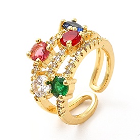 Colorful Glass Open Cuff Ring with Cubic Zirconia, Brass Jewelry for Women