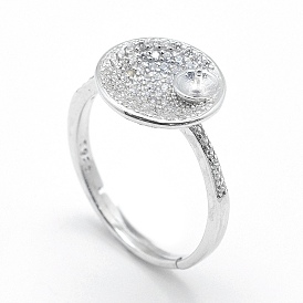 925 Крепления для колец из стерлингового серебра с жемчужным гнездом, за половину пробурено бисера, с кубического циркония, плоско-круглые, прозрачные