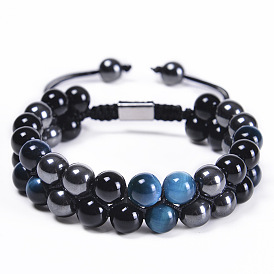 8MM Natural Blue Tiger Eye Double-layer Adjustable Black Agate Magnetic Bead Bracelet for Men
