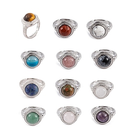 Natural Gemstone Round Adjustable Rings, Platinum Plated Brass Finger Rings for Women Men