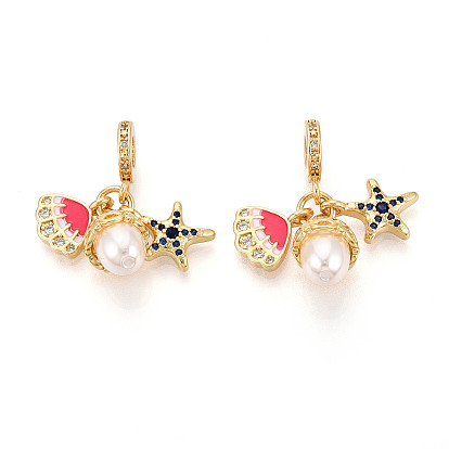 Латунь микропаве прозрачный кубический цирконий европейские подвески с подвесками, морская звезда и форма ракушки и жемчужина, с имитацией жемчуга из АБС и эмалью, Подвески с большими отверстиями