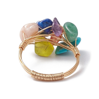Natural & Synthetic Mixed Gemstone Chips Beaded Chakra Theme Fringer Ring, Golden Copper Wire Wrap Finger Ring
