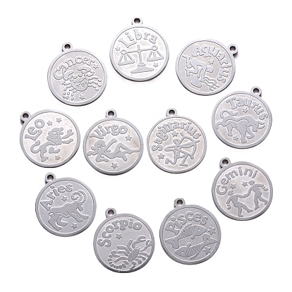 201 Stainless Steel Pendants, Flat Round with Twelve Constellation, Laser Cut