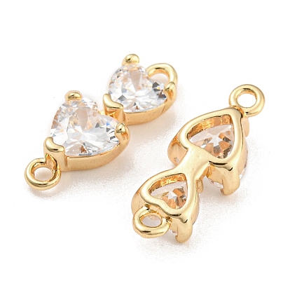 Brass Pave Clear Cubic Zirconia Connector Charms, Double Heart Links