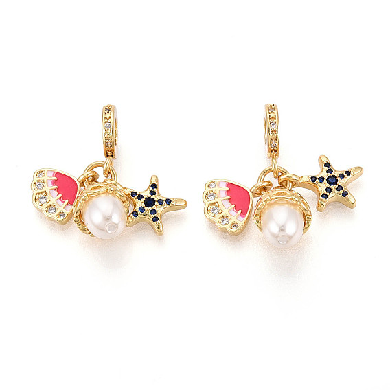 Латунь микропаве прозрачный кубический цирконий европейские подвески с подвесками, морская звезда и форма ракушки и жемчужина, с имитацией жемчуга из АБС и эмалью, Подвески с большими отверстиями