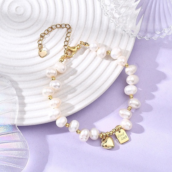Латунь шарм браслеты, Браслеты из натурального культивированного пресноводного жемчуга для женщин, сердце и прямоугольник со словами удачи, с 201/304 нержавеющей стали