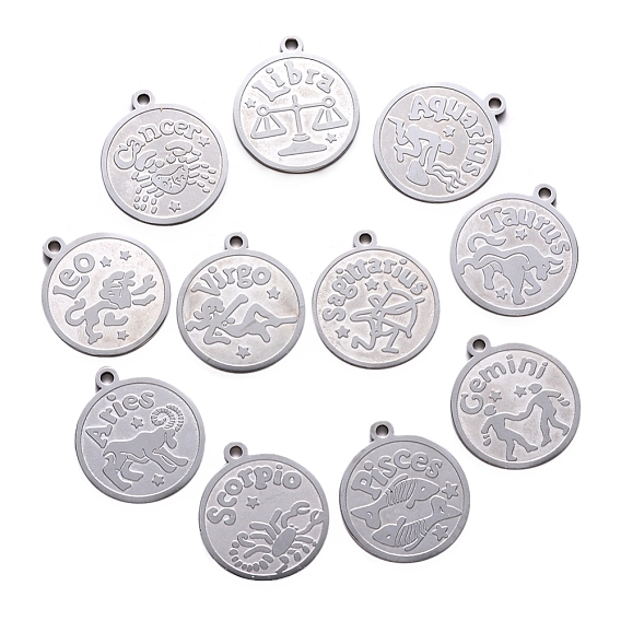 201 Stainless Steel Pendants, Flat Round with Twelve Constellation, Laser Cut