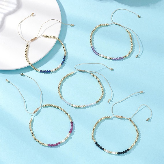 Женские плетеные браслеты из натуральных смешанных драгоценных камней, культивированного пресноводного жемчуга и латунных бусин, круглые, реальный 18 k позолоченный