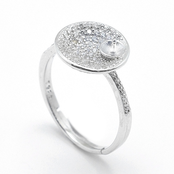 925 Крепления для колец из стерлингового серебра с жемчужным гнездом, за половину пробурено бисера, с кубического циркония, плоско-круглые, прозрачные