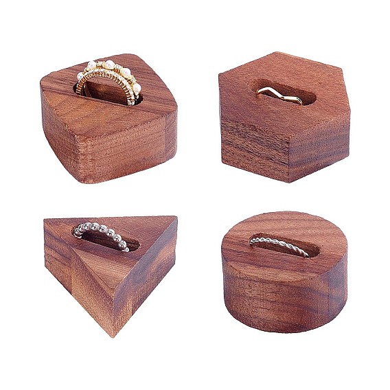 Fingerinspire 4 Pcs 4 Styles Black Walnut Ring Displays, Mixed Shapes
