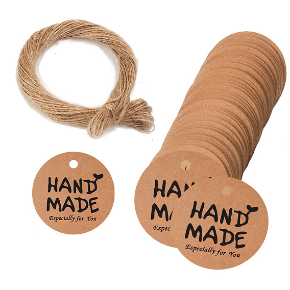 Kraft Paper Gift Tags, Hange Tags, with Hemp Rope, for Arts, Crafts and Food, Flat Round with Word Pattern