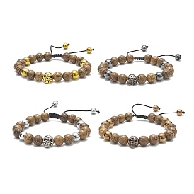 4Pcs 4 Color Natural Wood & Alloy Skull & Synthetic Hematite Braided Bead Bracelets Set, Stackable Adjustable Bracelets for Women