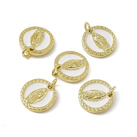 Rack Plating Brass Enamel Charms, with Jump Ring, Real 18K Gold Plated, Long-Lasting Plated, Cadmium Free & Nickel Free & Lead Free, Flat Round with Virgin Mary Charm