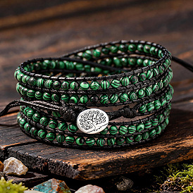 Pulseras ajustables de aleación con diseño del árbol de la vida y cuentas redondas de malaquita sintética para mujer., plata antigua