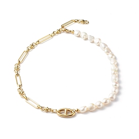 Natural Baroque Pearl Beaded Necklaces, with Brass Paperclip Chains & 304 Stainless Steel Links