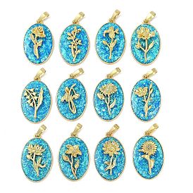 Rack Plating Brass Pendants, with Synthetic Opal, Long-Lasting Plated, Lead Free & Cadmium Free, Real 18K Gold Plated, Oval