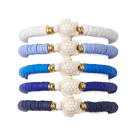 5pcs 5 couleurs bracelets extensibles en perles de disque d'argile polymère faits à la main, bracelets de perles turquoise synthétiques tortue de plage, pour femmes hommes
