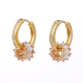 Brass Micro Pave Clear Cubic Zirconia Huggie Hoop Earrings, with Column European Beads