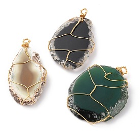 Natural & Synthetic Agate Pendants, with Golden Copper Wire, Teardrop & Flat Round & Oval