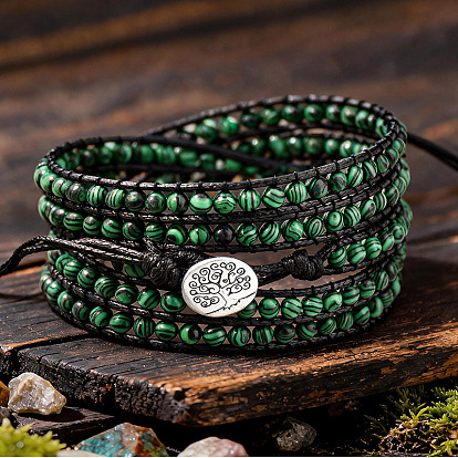 Pulseras ajustables de aleación con diseño del árbol de la vida y cuentas redondas de malaquita sintética para mujer., plata antigua