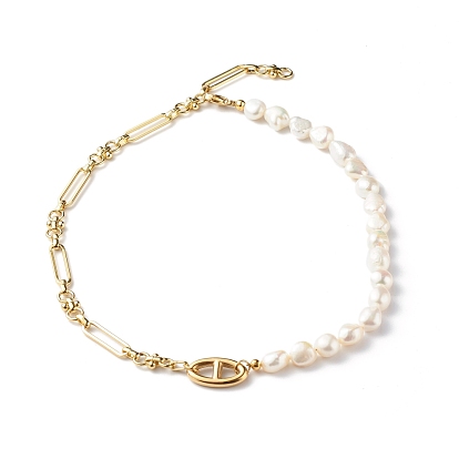 Natural Baroque Pearl Beaded Necklaces, with Brass Paperclip Chains & 304 Stainless Steel Links