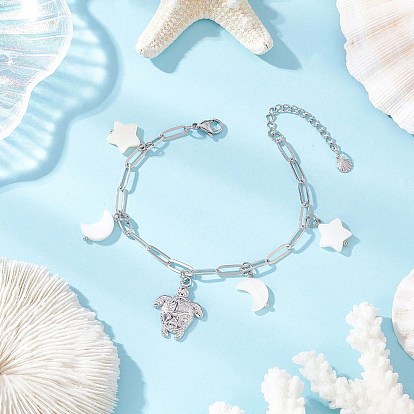 304 из нержавеющей стали шарм браслеты, браслеты-цепочки из латуни для скрепок для женщин, черепаха, звезда и луна, с натуральными пресноводными ракушками