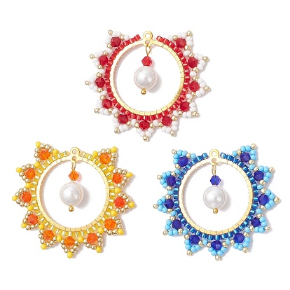 3шт 3цвета стеклянные бисерные подвески-солнца, с латунными соединительными подвесками и бусинами из ракушек и стекла