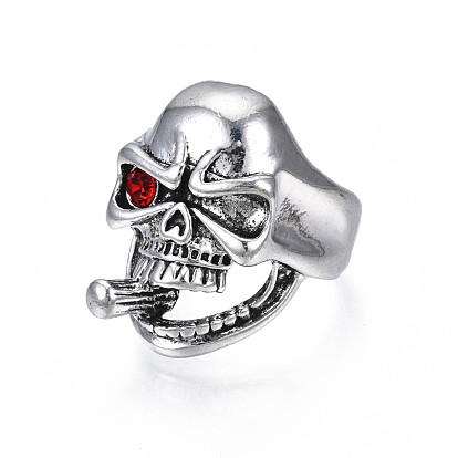 Gothic Punk Skull with Cigarette Alloy Open Cuff Ring with Rhinestone for Men Women, Cadmium Free & Lead Free, Antique Silver