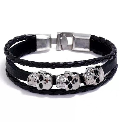 PU Leather Triple Lines Multi-strand Bracelet, Skull Head Beaded Bracelet