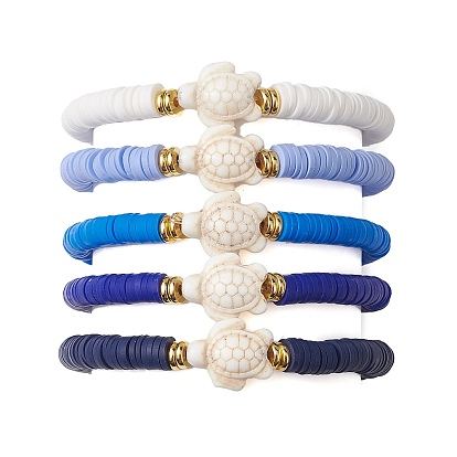 5Pcs 5 Colors Handmade Polymer Clay Disc Beaded Stretch Bracelets, Beach Turtle Synthetic Turquoise Beads Bracelets for Women Men