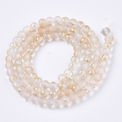 Frosted Spray Painted Glass Beads Strands, with Golden Foil, Round