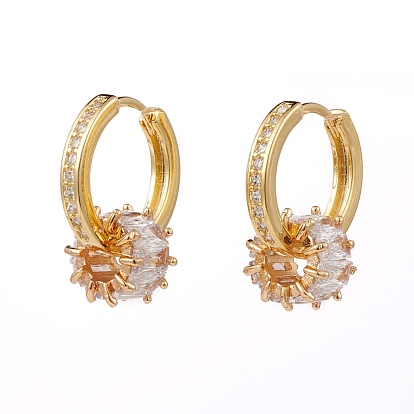 Brass Micro Pave Clear Cubic Zirconia Huggie Hoop Earrings, with Column European Beads