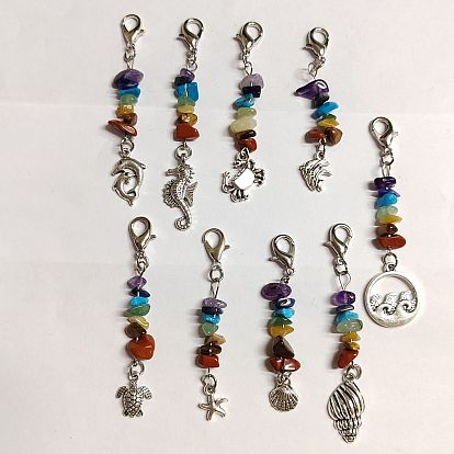 Decoraciones colgantes con chip de piedras preciosas de chakra., con cierres de garra de langosta de aleación de zinc y dijes de aleación de estilo tibetano con tema de animales marinos, formas mixtas