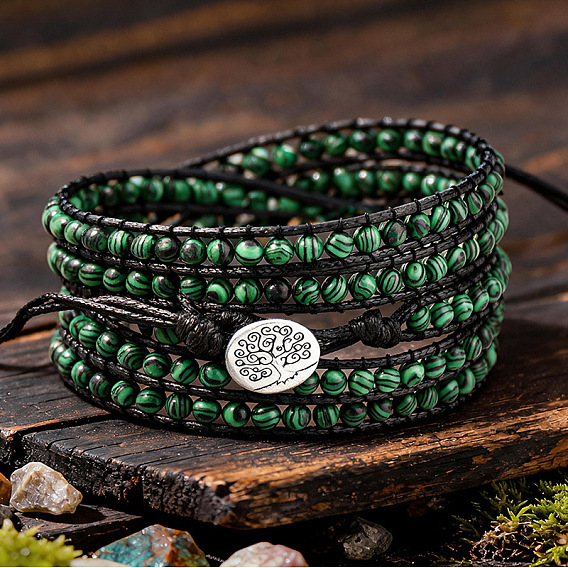 Adjustable Alloy Tree of Life Synthetic Malachite Round Beaded Wrap Bracelets for Women, Antique Silver