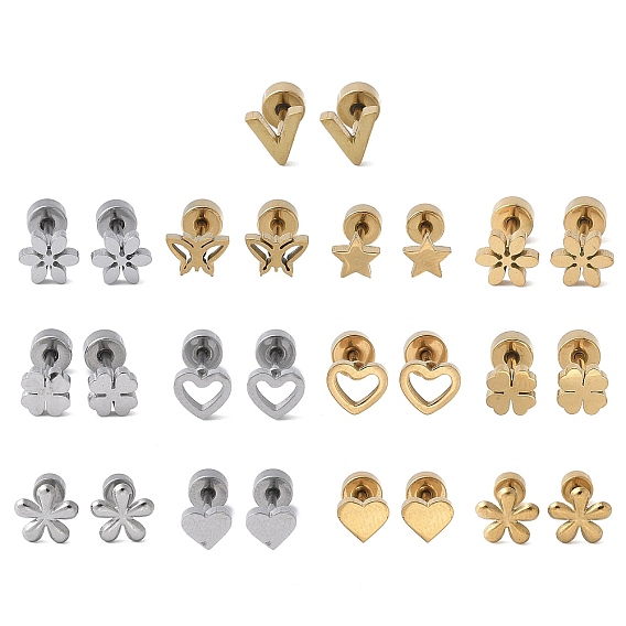 304 серьги-гвоздики из нержавеющей стали для женщин, сердце клевер цветок звезда бабочка v-образный