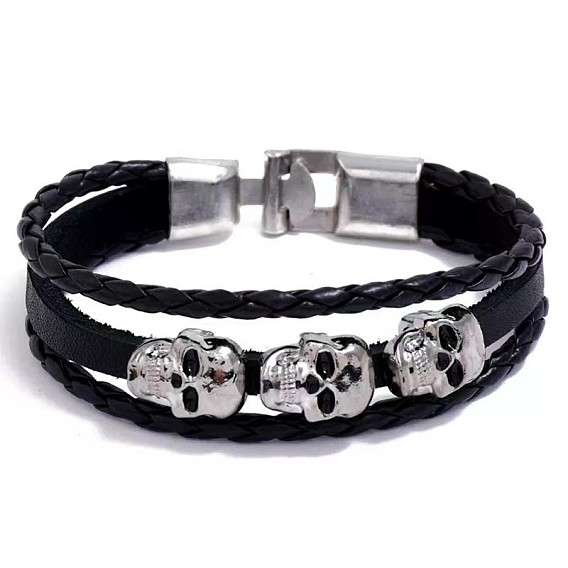 PU Leather Triple Lines Multi-strand Bracelet, Skull Head Beaded Bracelet