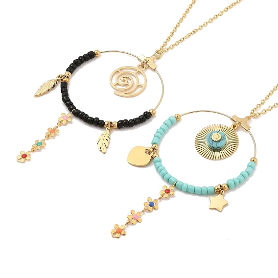 Бохо пластиковые бусины и 304 нержавеющая сталь цветок и лист подвеска ожерелье кабель цепь для женщин, золотые