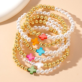 Эластичные браслеты из искусственного жемчуга и латунных круглых бусин, крестик из натуральных ракушек для женщин