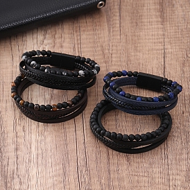 Gemstone Beaded Bracelets, Multi-strand Imitation Leather Cord Bracelets for Men