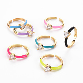 Brass Enamel Cuff Rings, Open Rings, Solitaire Rings, with Clear Cubic Zirconia, Nickel Free, Heart, Golden