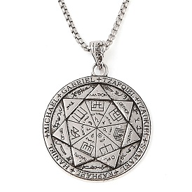 Alloy Seal 7 Archangels Flat Round Pendant Necklaces, 201 Stinless Steel Box Chain Necklaces