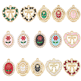 30Pcs 15 Styles Alloy Enamel Pendants, with Plastic Beads/Rhinestone, Golden
