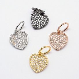 CZ Brass Micro Pave Cubic Zirconia Flat Heart Charms, 16x11x2mm, Hole: 5.5mm